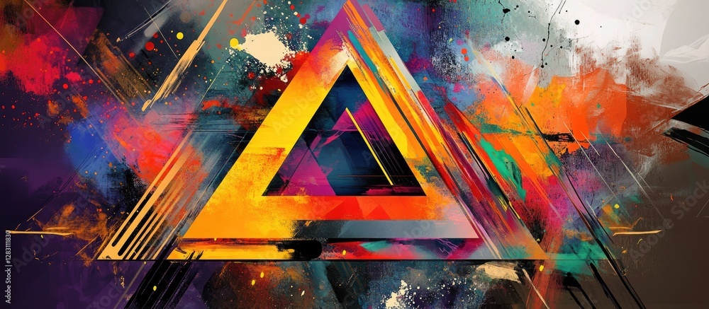 Poster bold vibrant triangular composition in pop art style featuring dynamic colors of orange, purple, and