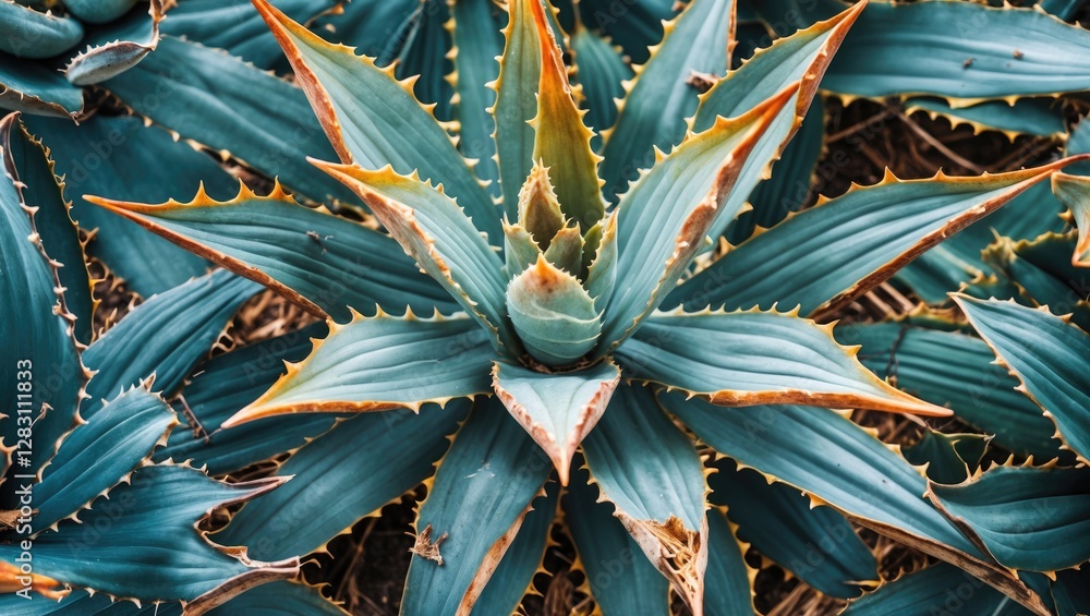 Poster agave plant top view with sharp leaves and spiky edges in a natural setting showing vibrant colors a