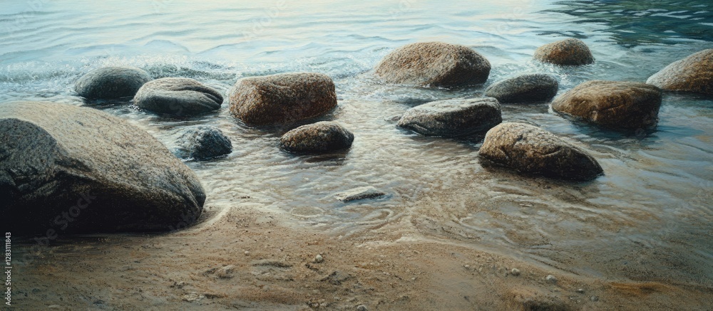 Poster Zen stones of various sizes positioned along a sandy shoreline with gentle waves lapping at their bases creating a calming coastal scene