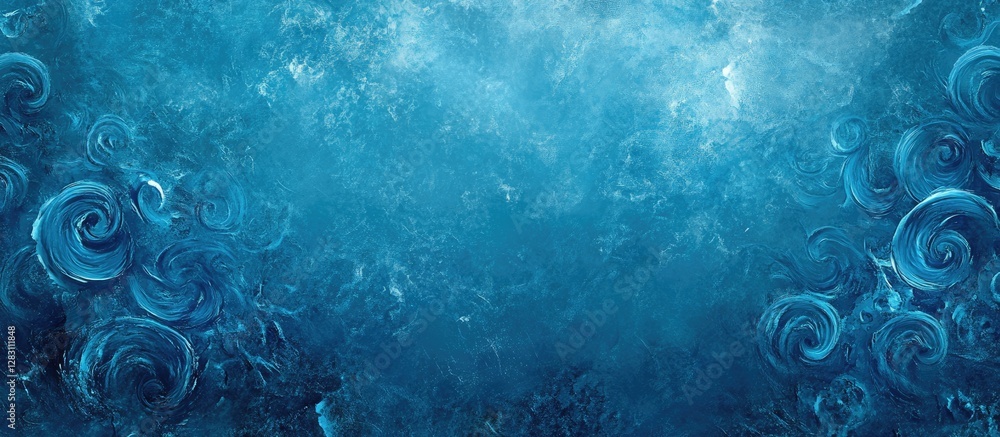 Poster Abstract blue background with shimmering waves and spirals in dark and light blue hues; vertical space at the top for text placement.