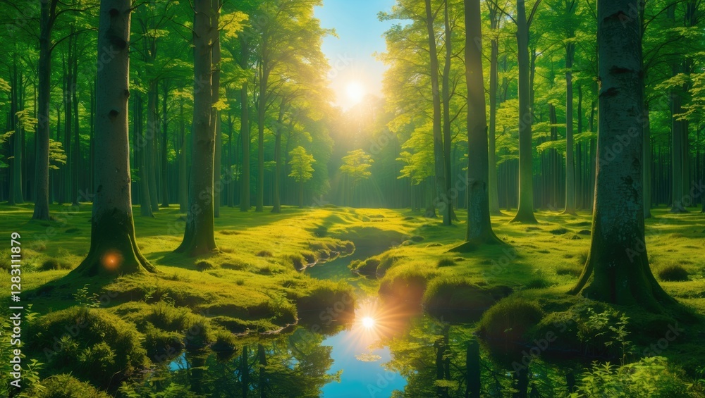 Aufkleber lush green forest with sunlight filtering through trees and a reflective stream in the foreground du