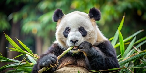 Obraz premium A giant panda sits down to a nutritious meal of fresh bamboo shoots, its large paws wrapped around a stalk as it takes a gentle bite, animal in nature, giant panda diet