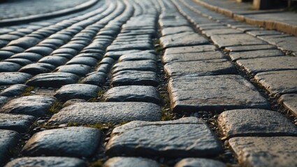 Close up of vintage cobblestone road showing intricate textures and natural wear from years of use in historical streets.