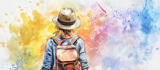 Fototapeta premium Youthful artist with a brown backpack wearing a hat, facing colorful abstract watercolor splashes of yellow, pink, and blue in the background.
