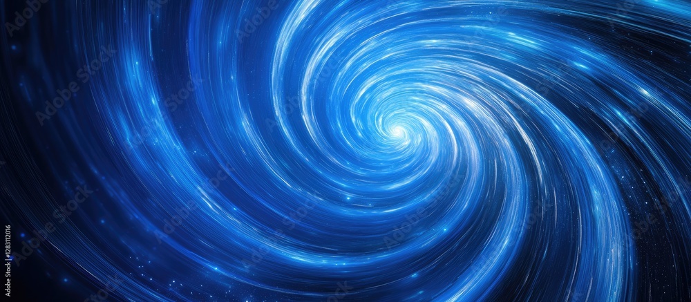 Poster swirling abstract blue vortex with glowing star trails spiraling into a bright center creating a mes