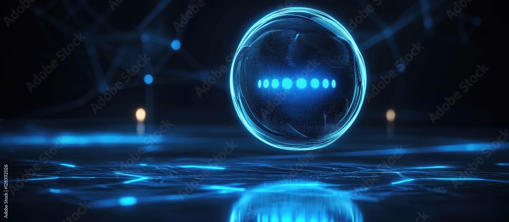 Poster Futuristic AI chat bubble in glowing blue with circular design, suspended in dark space, representing advanced communication technology.