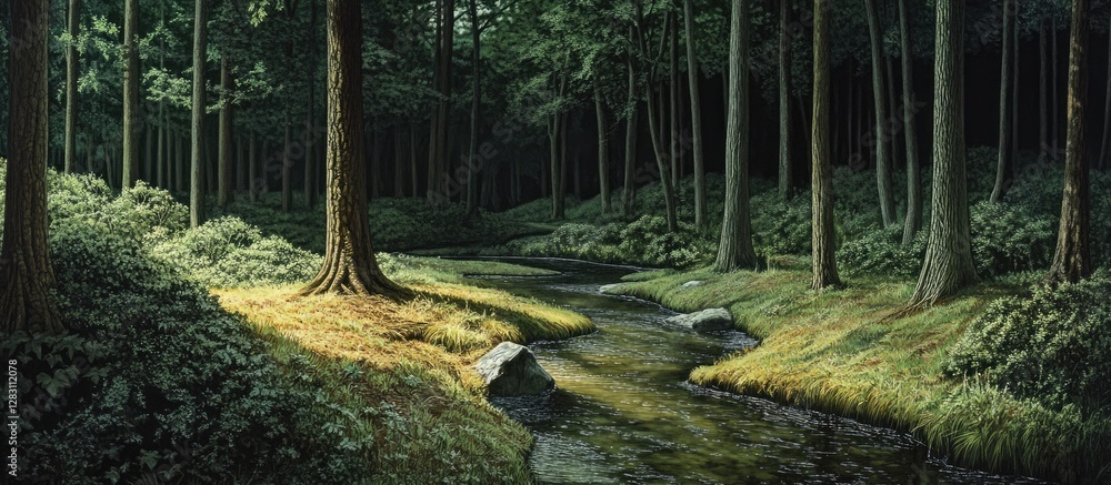 Poster tranquil forest stream winding through lush greenery with sunlight illuminating the waterway and sur