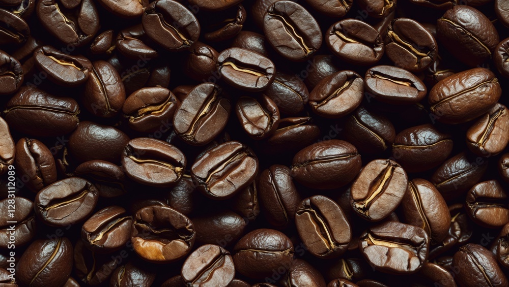 Poster close-up view of roasted coffee beans in various shapes and sizes filling the entire frame with rich