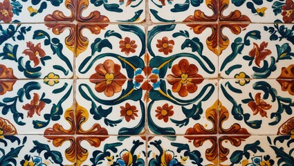 Colorful traditional ceramic tile pattern featuring floral and ornate designs in shades of blue, orange, and green on a white background
