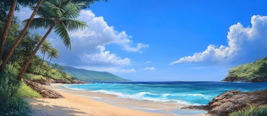 Tropical beach with vibrant blue sky and clear ocean, lush palm trees framing the scene, creating a picturesque paradise landscape.