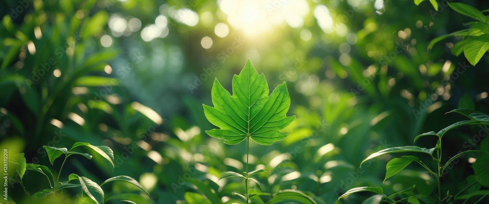 Poster close-up of vibrant green leaves with sunlight filtering through dense foliage in a natural setting