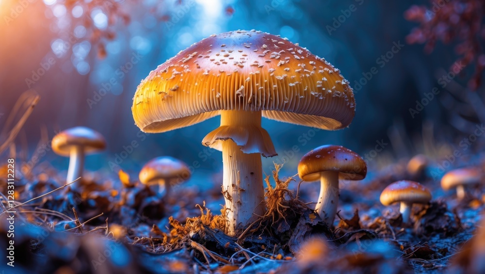Poster close-up of wild mushrooms in a forest setting with soft natural lighting and a blurred background s