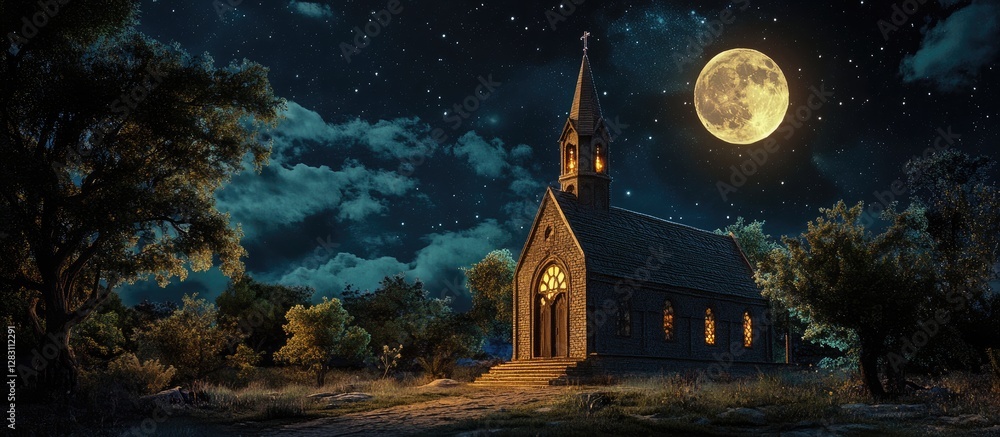 Aufkleber Historic chapel illuminated by full moonlight at night surrounded by trees and clouds creating a serene enchanting atmosphere with starry sky.