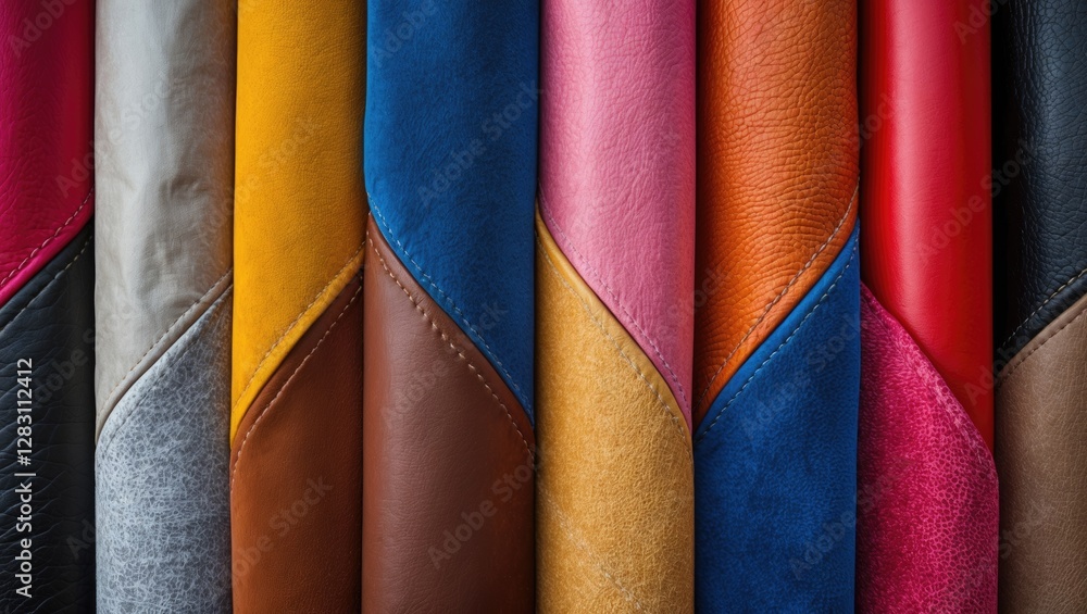 Poster multicolored leather textures arranged in a patterned layout showcasing various shades and materials