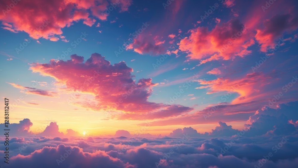 Poster dramatic sunset over clouds with vibrant colors and wispy clouds in the sky creating a beautiful atm