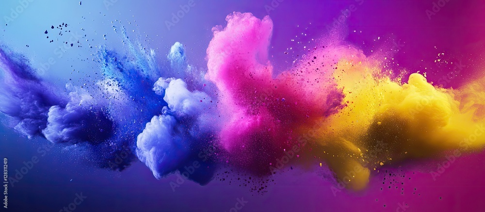 Poster vibrant abstract explosion of purple, blue, pink, and yellow hues blending dynamically against a sof