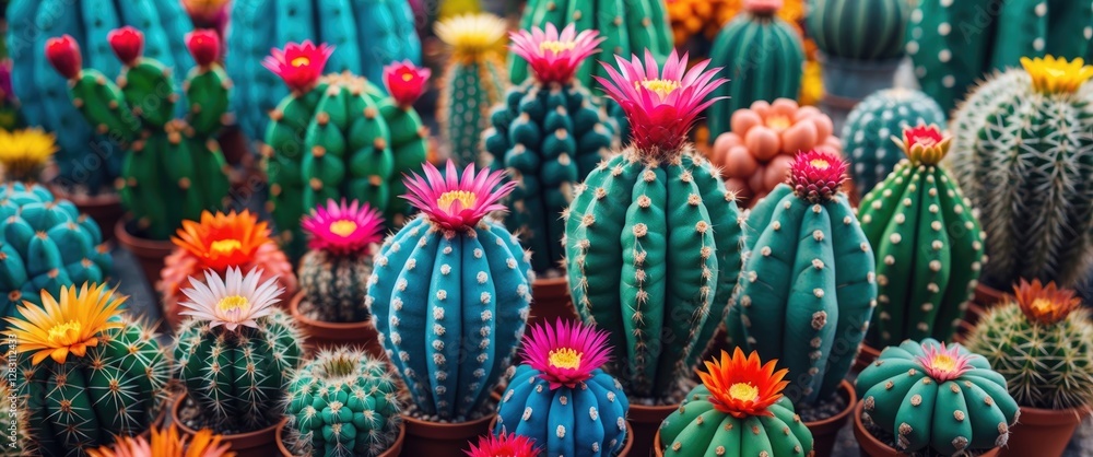 Poster colorful array of various cacti with vibrant blooms in pots showcasing their unique shapes and textu