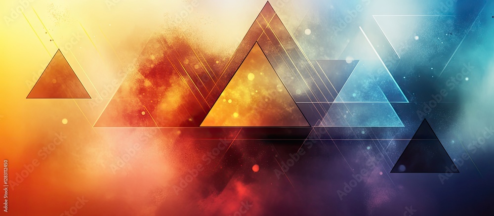 Aufkleber abstract geometric background with vivid orange, blue, and black triangles overlapping in a dynamic,