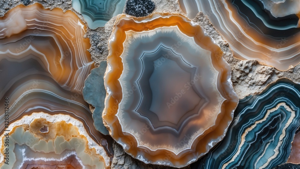 Poster close-up view of polished agate stone slices with intricate patterns and colors in earth tones and s