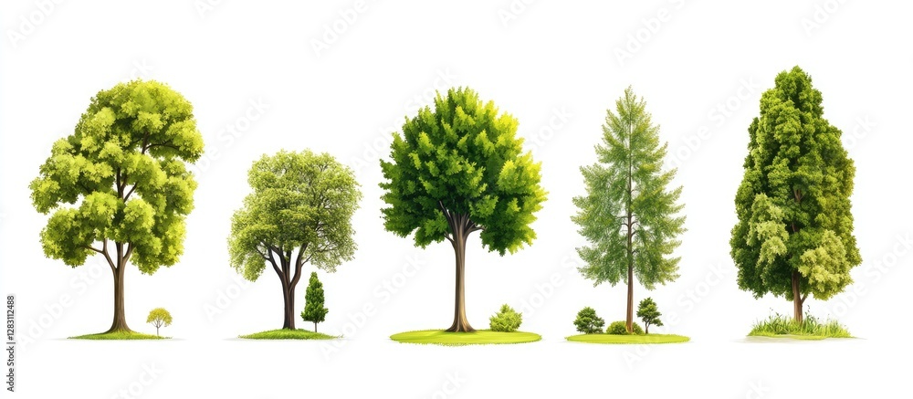 Aufkleber Various lush green trees with distinct shapes arranged side by side on a white background showcasing diversity in foliage and form.