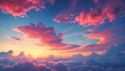 Fototapeta premium Dramatic sunset over clouds with vibrant colors and wispy clouds in the sky creating a beautiful atmospheric view