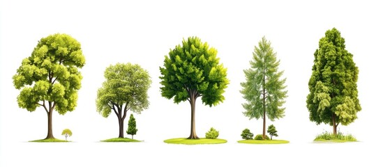 Fototapeta premium Various lush green trees with distinct shapes arranged side by side on a white background showcasing diversity in foliage and form.
