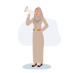 thai muslim teacher in government uniform using megaphone for education and communication, making school announcement