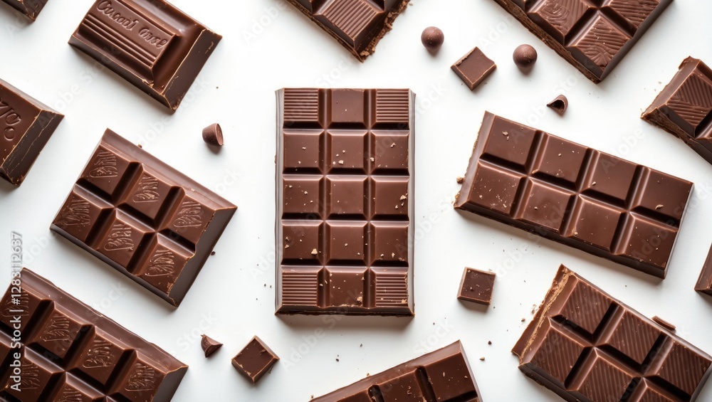 Poster assorted pieces of dark chocolate bars and chunks on white background with different shapes and size