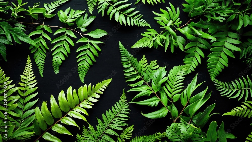 Poster various green fern leaves arranged on a dark background creating a natural and botanical composition