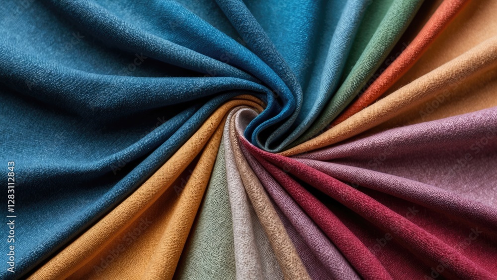 Poster colorful fabric swatches arranged in a circular pattern showcasing various textures and hues in text
