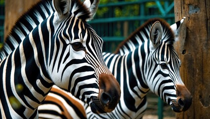 Two close-up zebras displaying distinctive black and white stripes in a natural habitat setting with wooden structures in the background.
