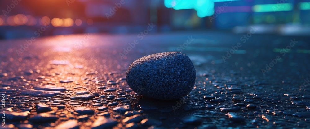 Aufkleber close-up of a smooth stone on a wet surface with illuminated urban background reflecting colors at n