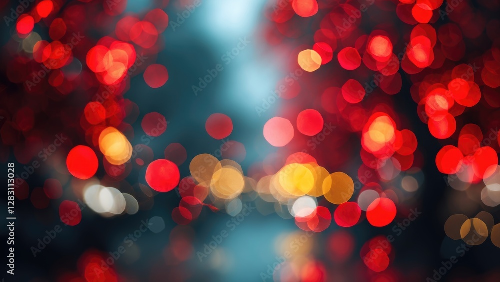Poster colorful bokeh background with red and orange circular lights creating a festive and vibrant atmosph