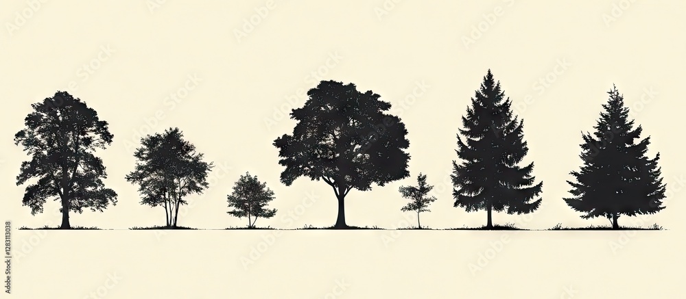 Poster silhouettes of various tree species arranged in a line on a light beige background showcasing differ