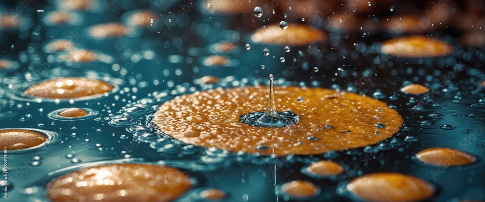 Poster close-up of water droplets creating ripples on a surface with circular patterns and a blue backgroun