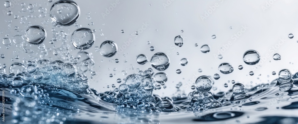 Poster close-up view of water surface with splashes and bubbles against a light background