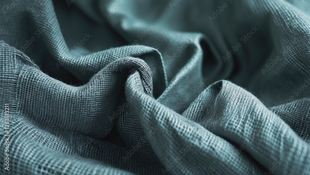 Poster textured teal fabric close-up with soft folds and creases highlighting the woven pattern and color v