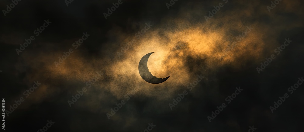 Aufkleber moon partially obscured by thick, dark clouds with a soft golden glow creating a serene atmosphere i