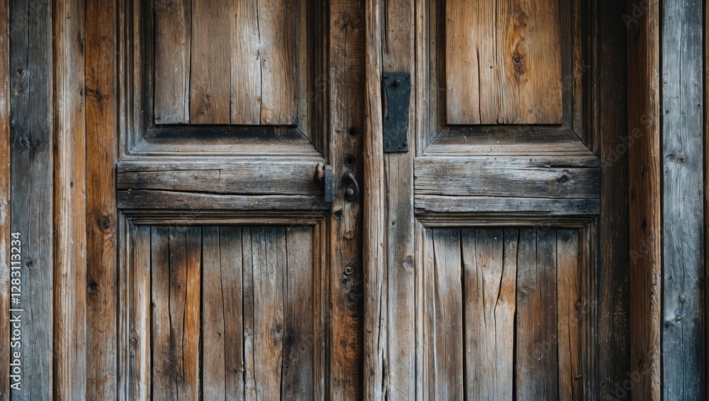 Poster weathered wooden double doors with intricate grain patterns and a metal handle in rustic style