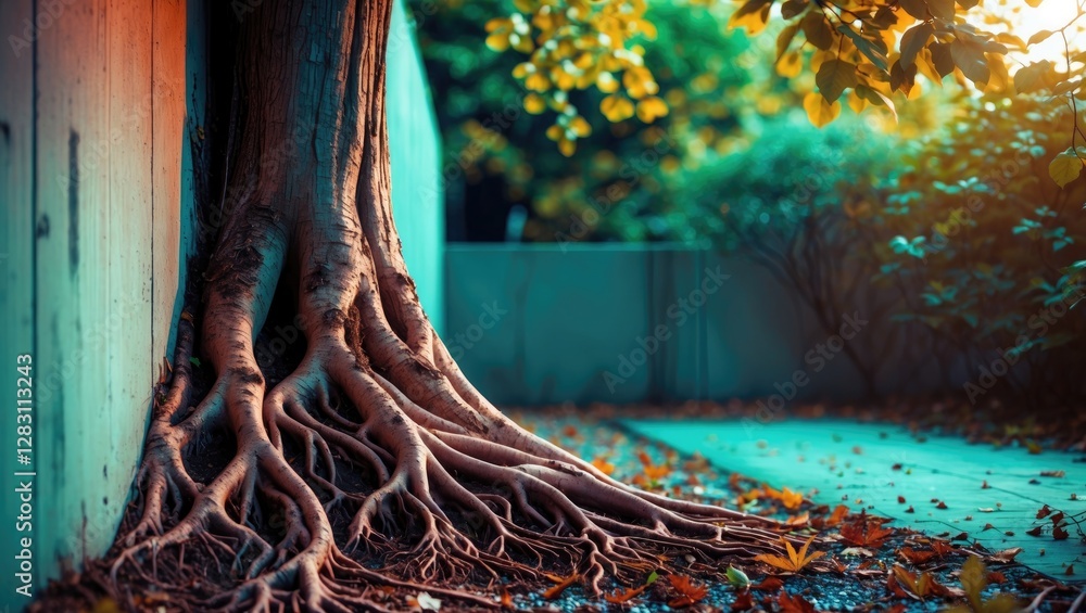 Poster tree roots extending beside a concrete wall with autumn leaves and soft sunlight illuminating the sc