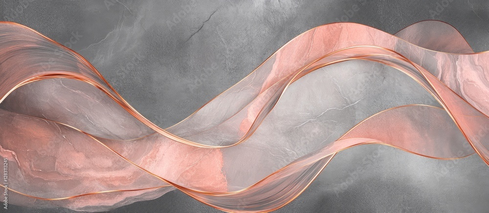 Poster soft flowing ribbons in shades of blush and rose gold gracefully swirl across a textured grey backgr