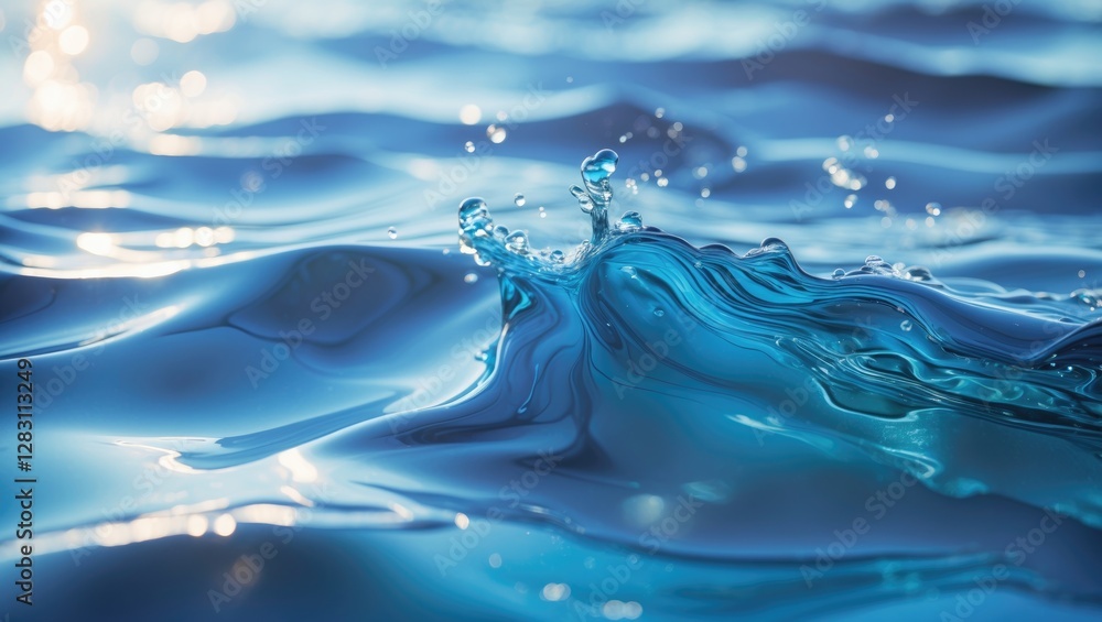Poster close-up view of water surface with ripples and splashes reflecting sunlight in a tranquil setting