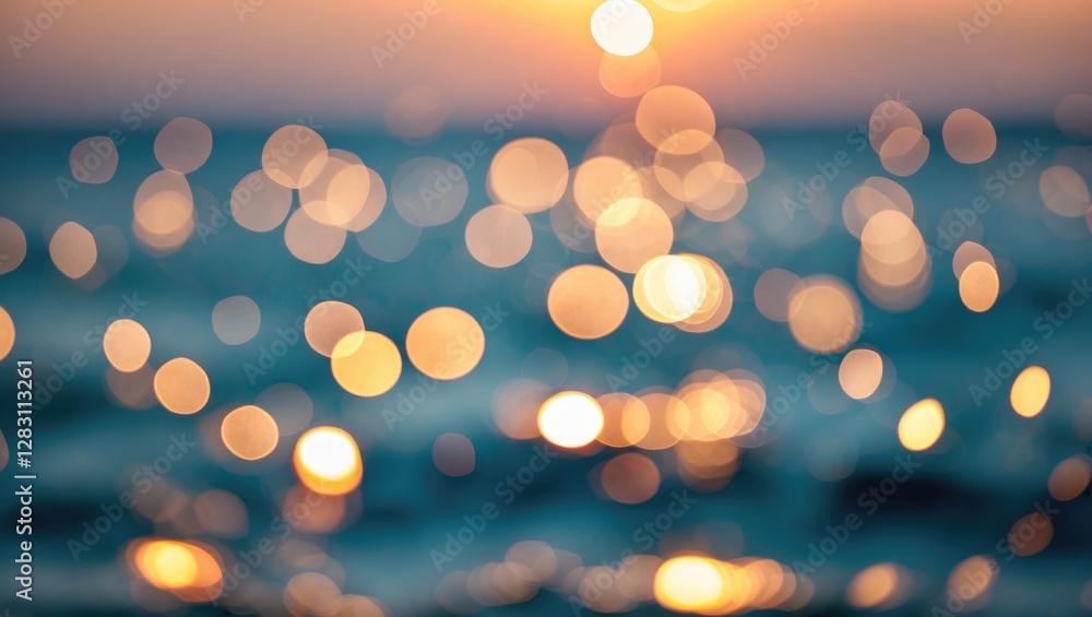 Aufkleber bokeh effect on ocean surface during sunset with warm colors and light reflections in soft focus bac