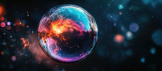 Naklejka premium Vibrant soap bubble galaxy in a close-up view against a dark background displaying radiant blues, oranges, and purples with intricate textures.