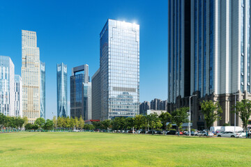 city park with modern building background in shanghai