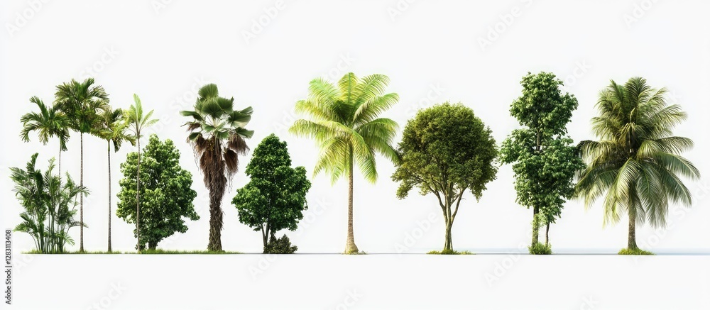 Aufkleber Diverse tropical tree collection isolated on white background featuring vibrant greens and varying heights perfect for design and architecture projects.