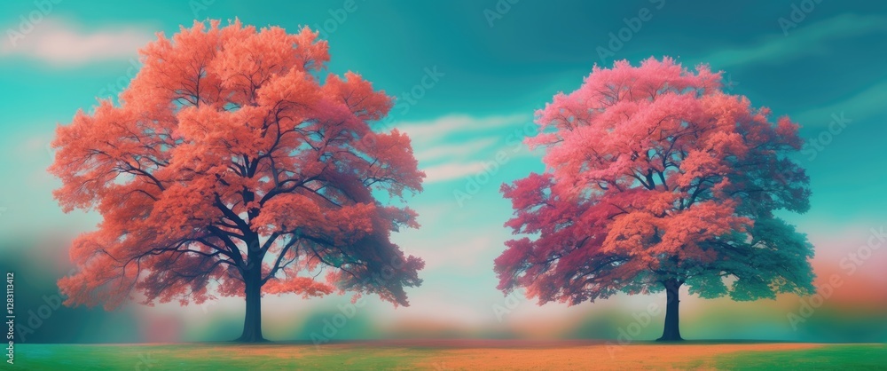 Poster autumn scene with two vibrant trees displaying colorful foliage against a soft blurred background in