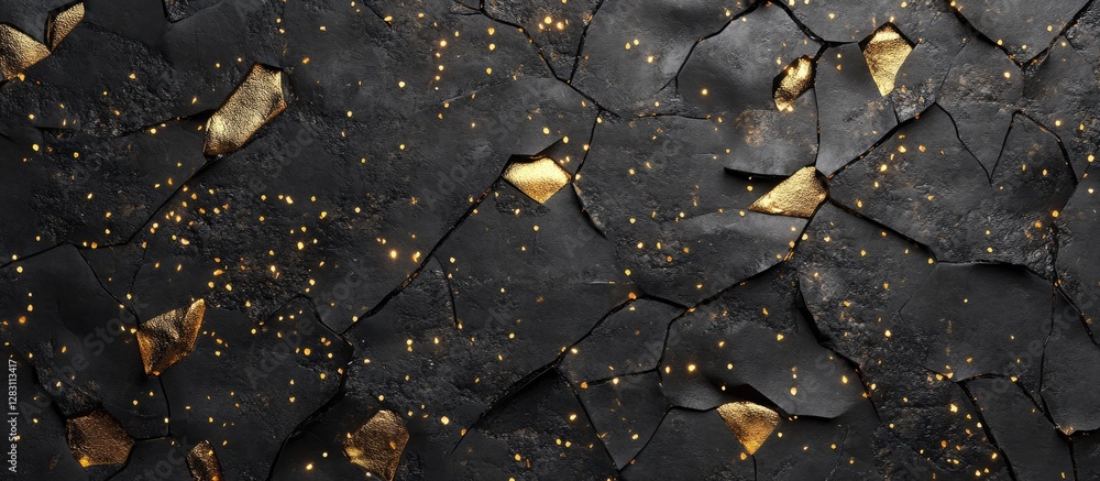 Leinwandbilder Textured black surface with gold leaf accents, featuring irregular cracks and a sparkling finish throughout the image. Ideal for luxury design concepts.