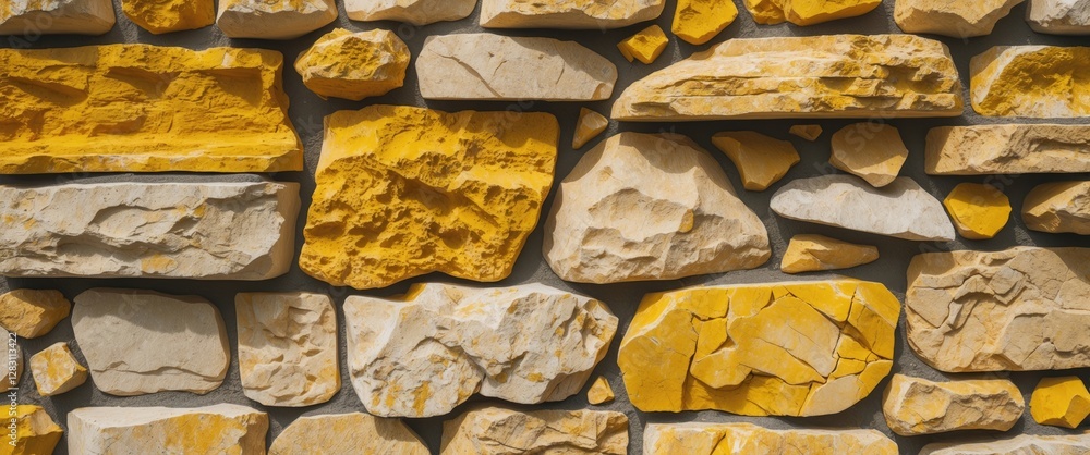 Poster textured stone wall with various shapes and sizes of yellow and beige stones arranged in a pattern f