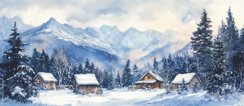 Poster winter homes in a snowy forest with evergreen trees and majestic mountains in the background, featur